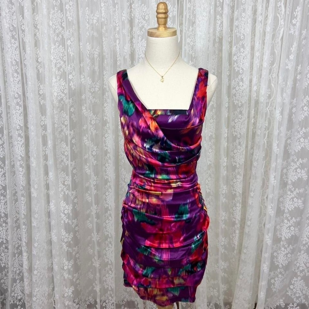 Vintage Express Satin Bodycon Mini Dress Size 6 Colorful Retro Barbie‎